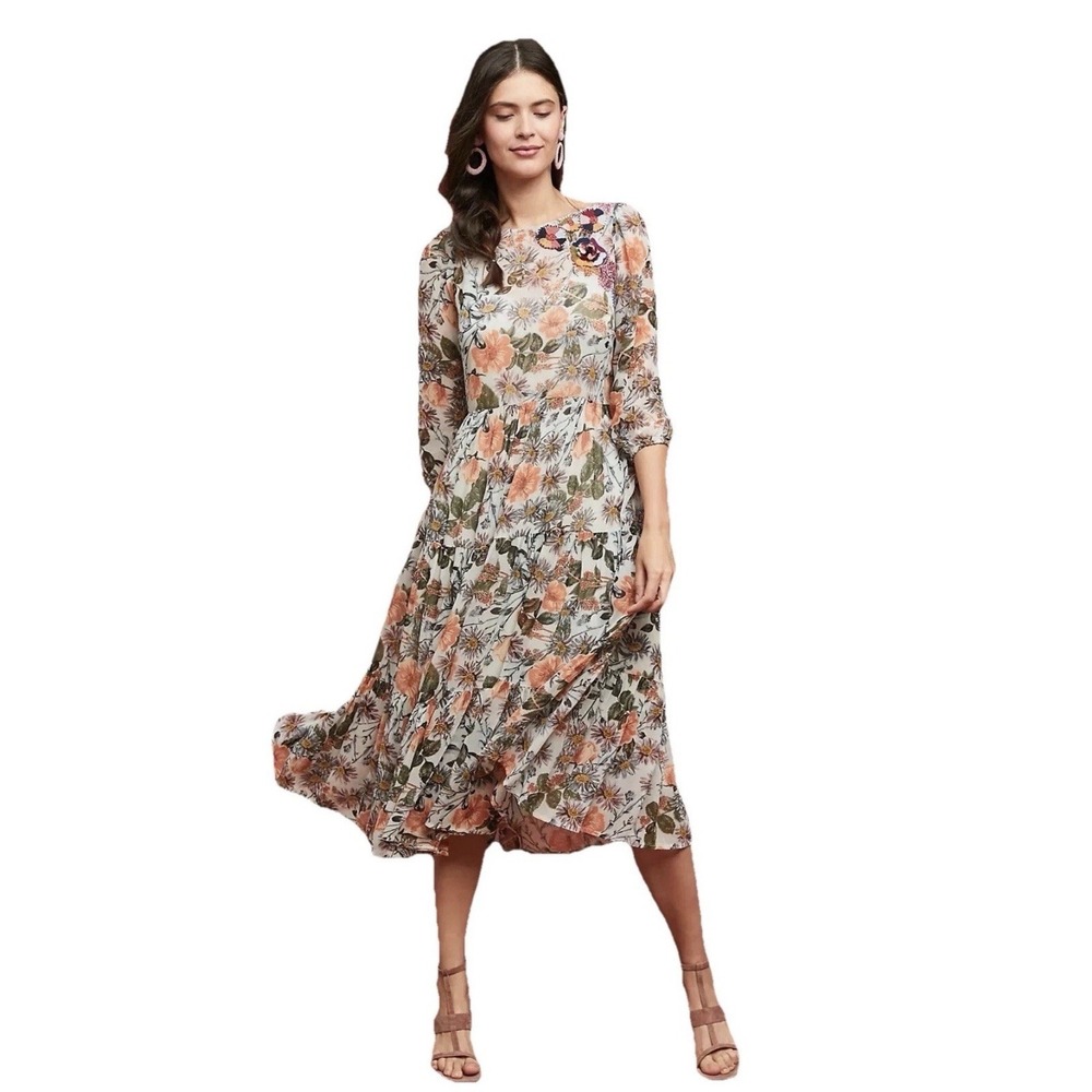 Meadow Rue By Anthropologie Tiered Midi Dress Sz Medium Floral Prairie Fairy